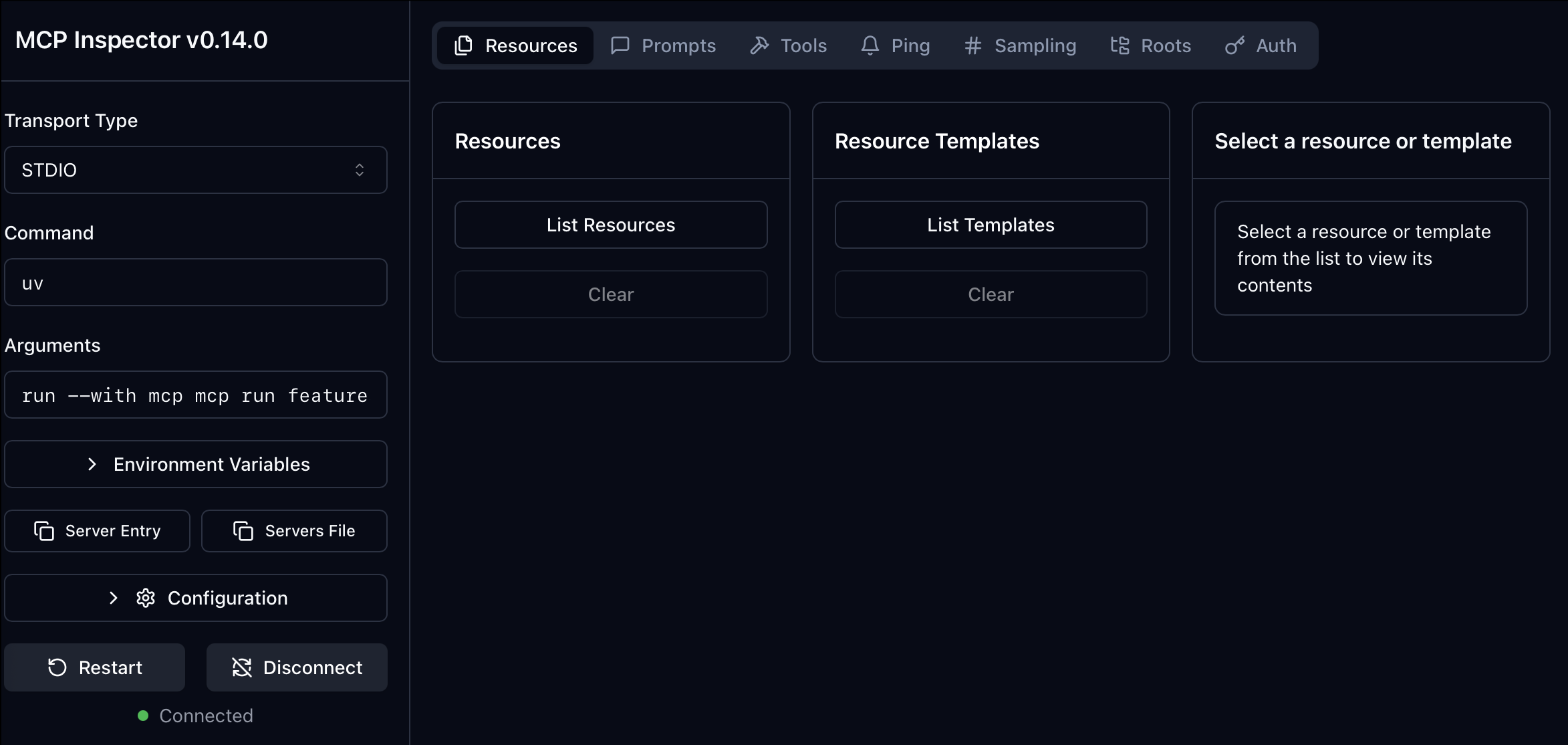 MCP Inspector v0.14.0 connected to FeatureStoreLite over stdio with uv