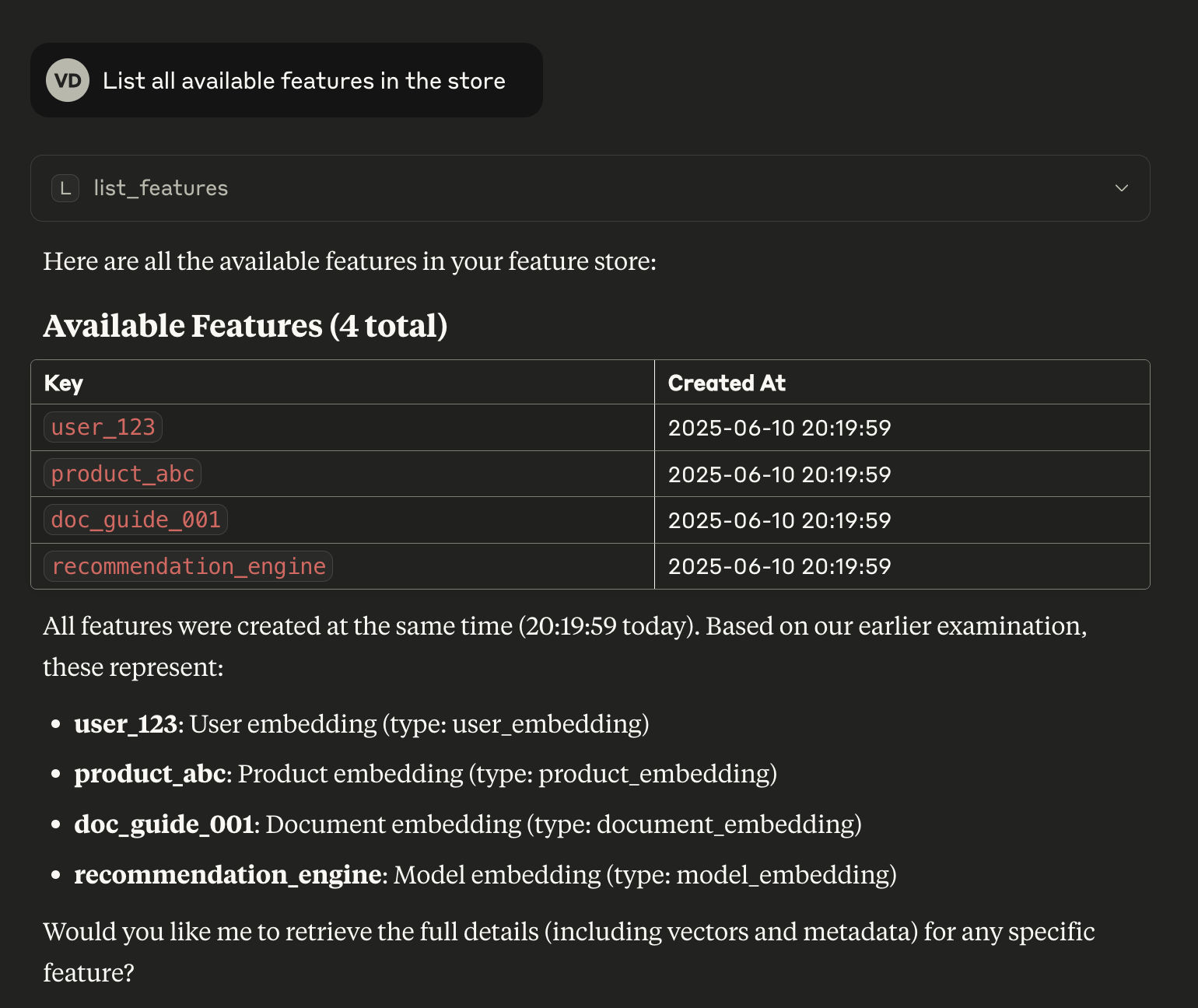 Claude Desktop calling list_features and displaying the four rows from the author's June 2025 database
