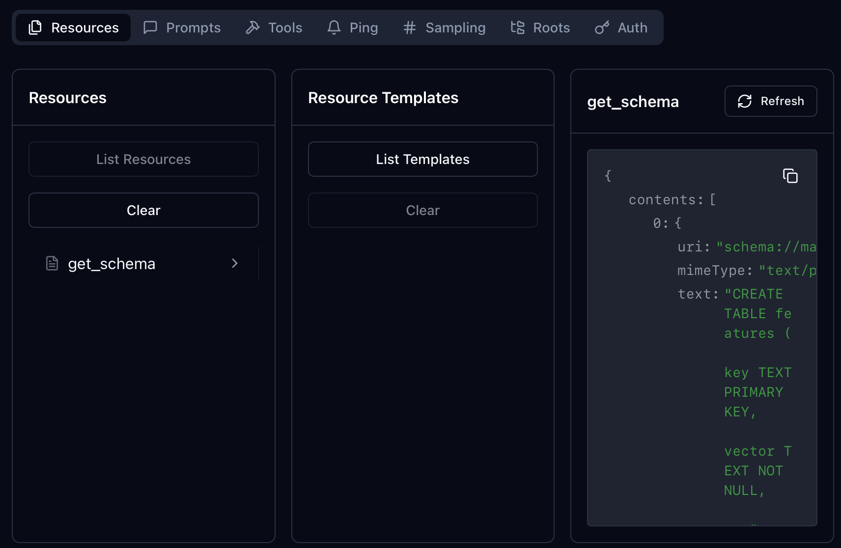 MCP Inspector mit der get_schema-Resource und dem zurückgegebenen SQLite-CREATE-TABLE-Statement