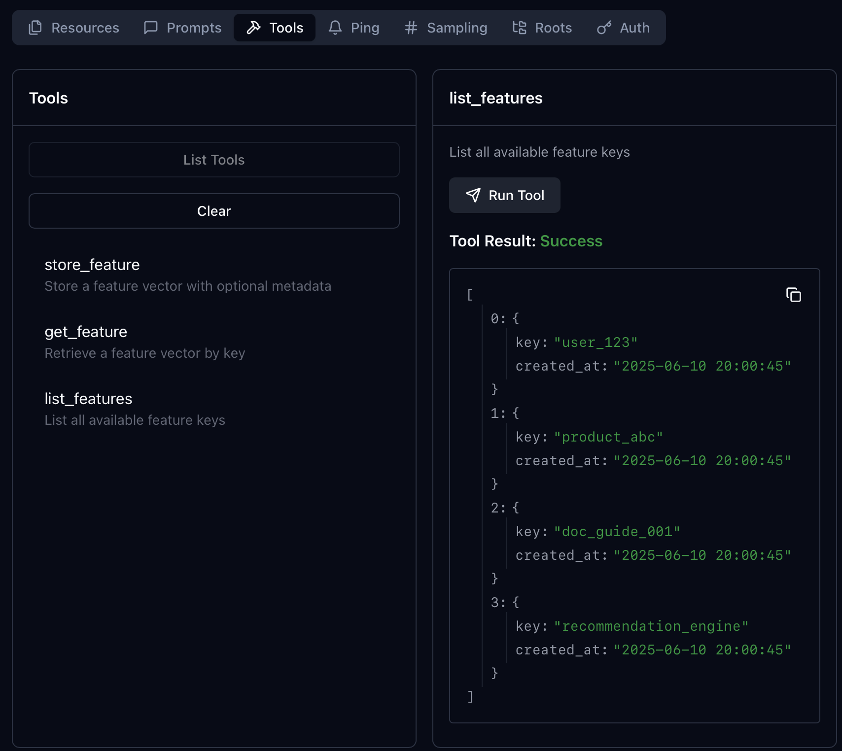 MCP Inspector mit store_feature, get_feature, list_features und einem erfolgreichen list_features-Aufruf