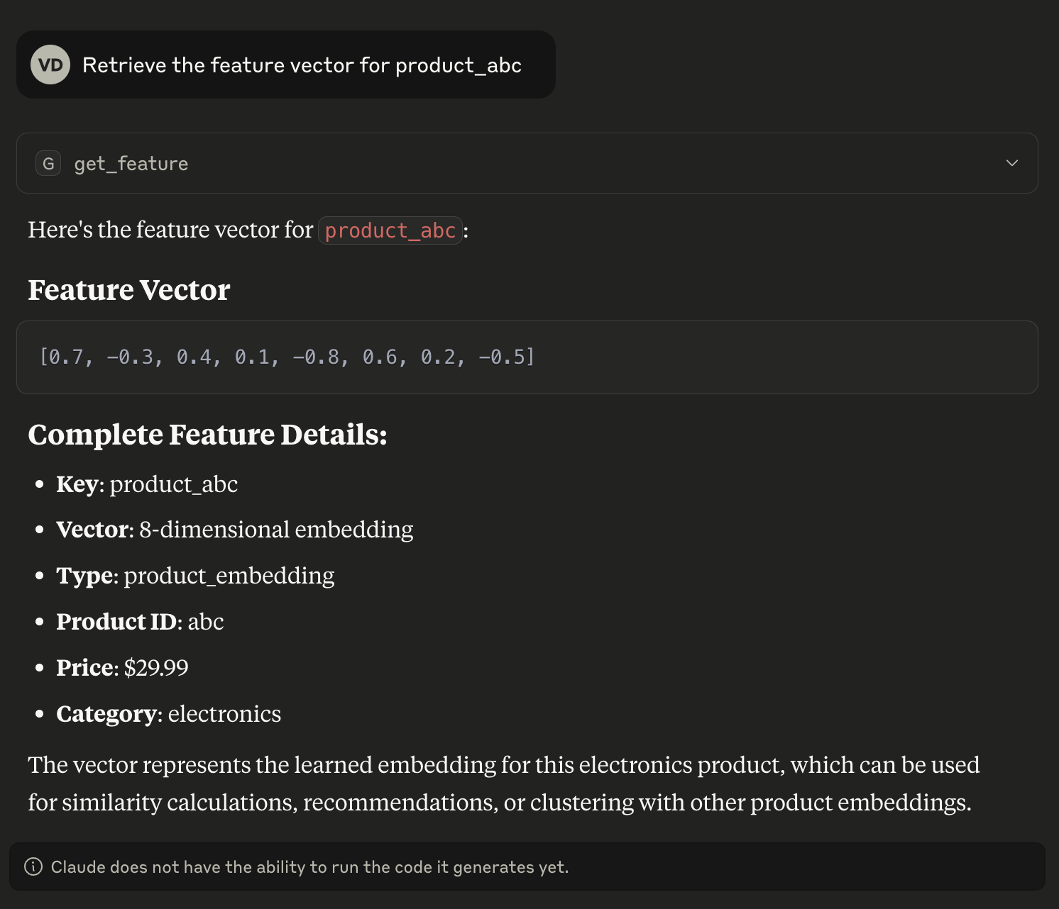 Claude Desktop ruft get_feature für product_abc auf und zeigt dessen Vektor und Metadaten an